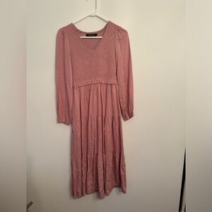 Pink Long Sleeve V-Neck Dress